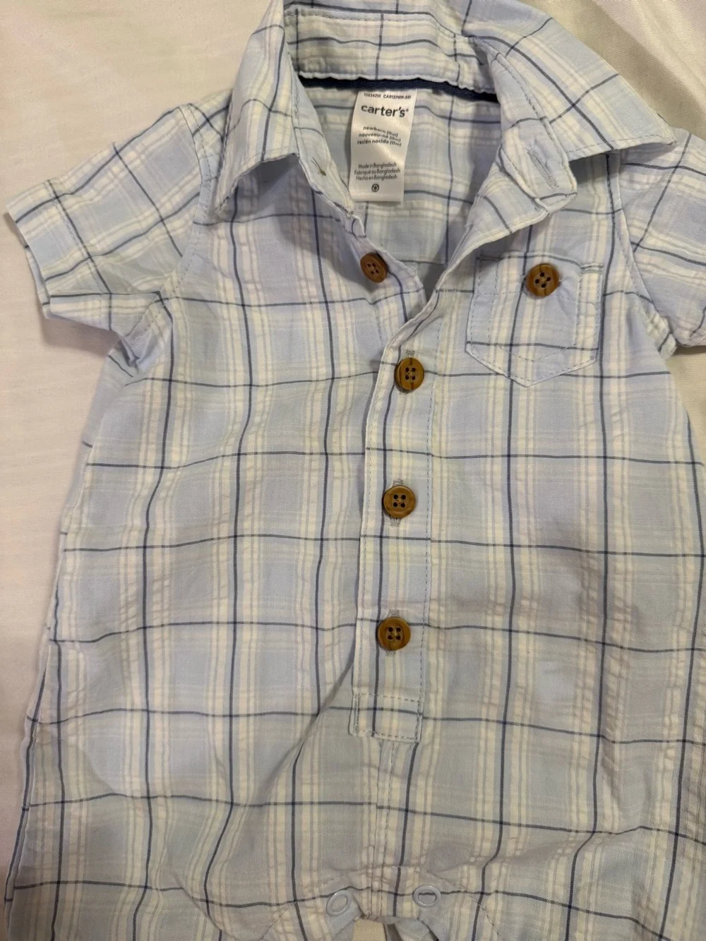 Carter's Light Blue Plaid Button-Front Baby One-Piece with Matching Hat